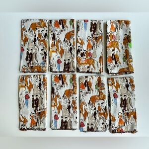 8 Equestrian Kentucky Derby Horse Print Linen Napkins with Brown Trim NWT